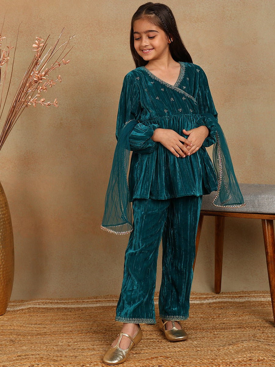 Girls' Festive Red Embroidered Kurti and Tiered Sharara Set