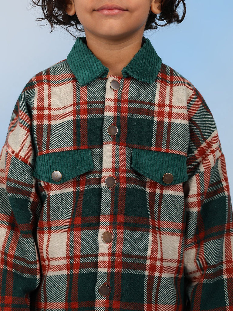 Alex Double Collar Checks Casual Boys Jacket - Green/Beige Jackets The Tribe Kids