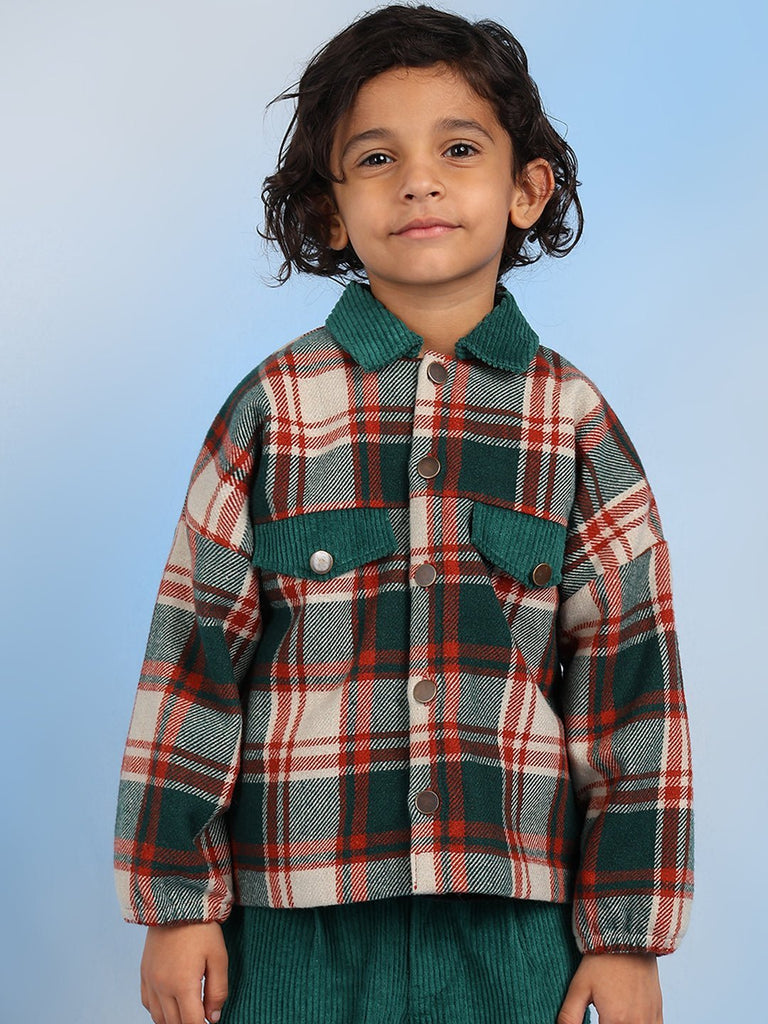 Alex Double Collar Checks Casual Boys Jacket - Green/Beige Jackets The Tribe Kids