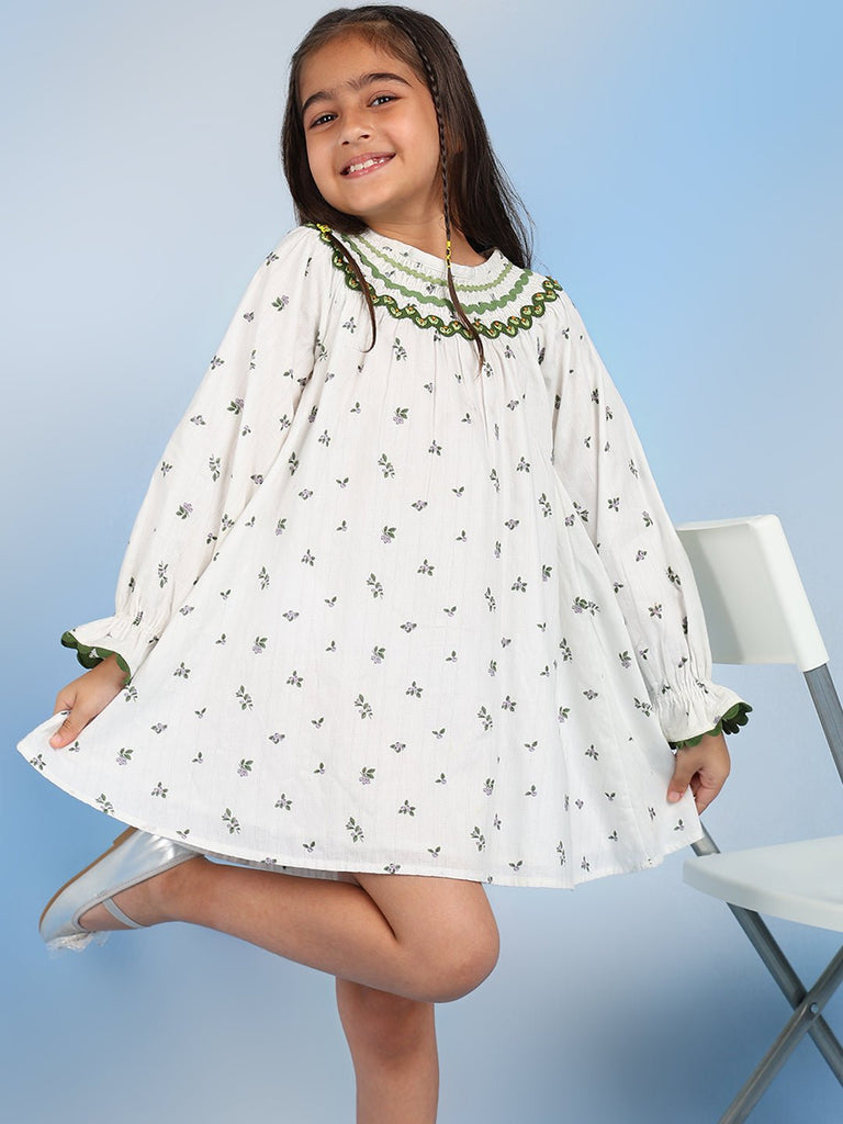 Anny A-Line Cotton Floral Print Full Sleeves Girls Dress - White Dress The Tribe Kids   