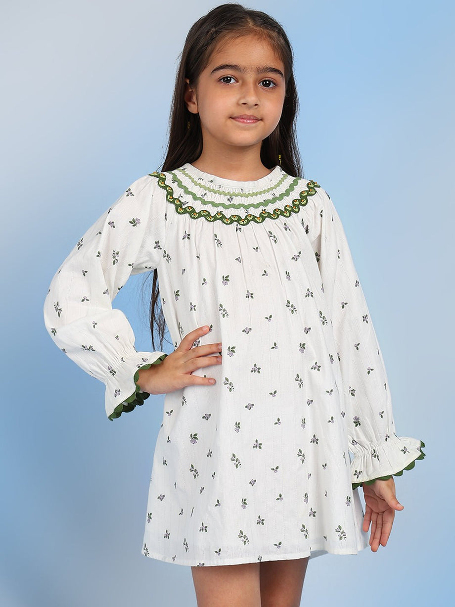 Anny A-Line Cotton Floral Girls Dress – Full Sleeves White – The Tribe Kids