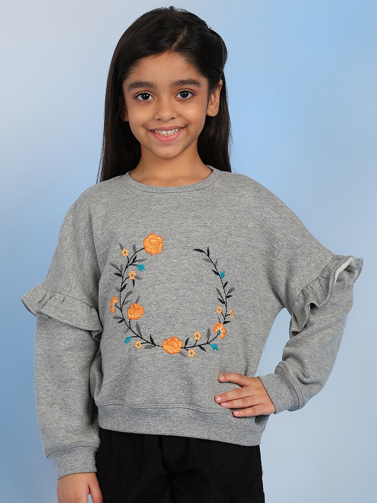 Anya Embroidered Full Sleeves Girls Sweatshirt - Grey Sweatshirt The Tribe Kids   