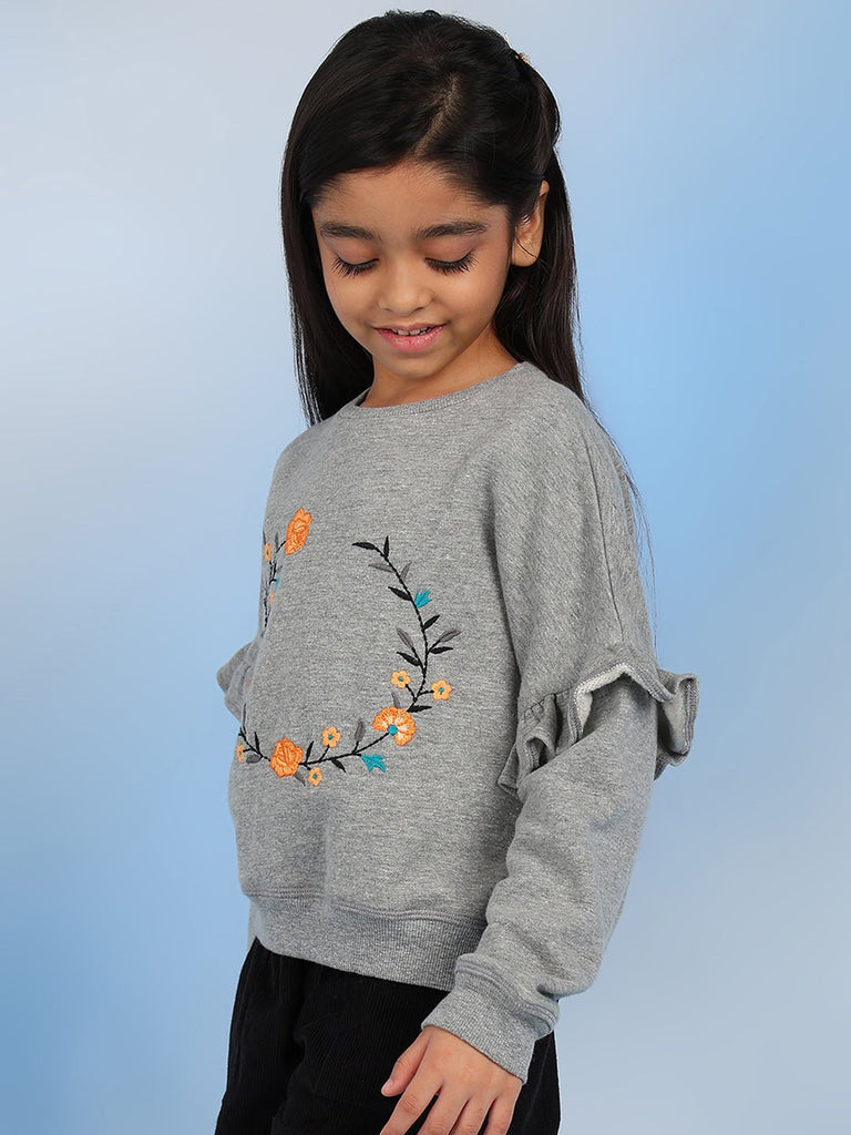 Anya Embroidered Full Sleeves Girls Sweatshirt - Grey Sweatshirt The Tribe Kids   