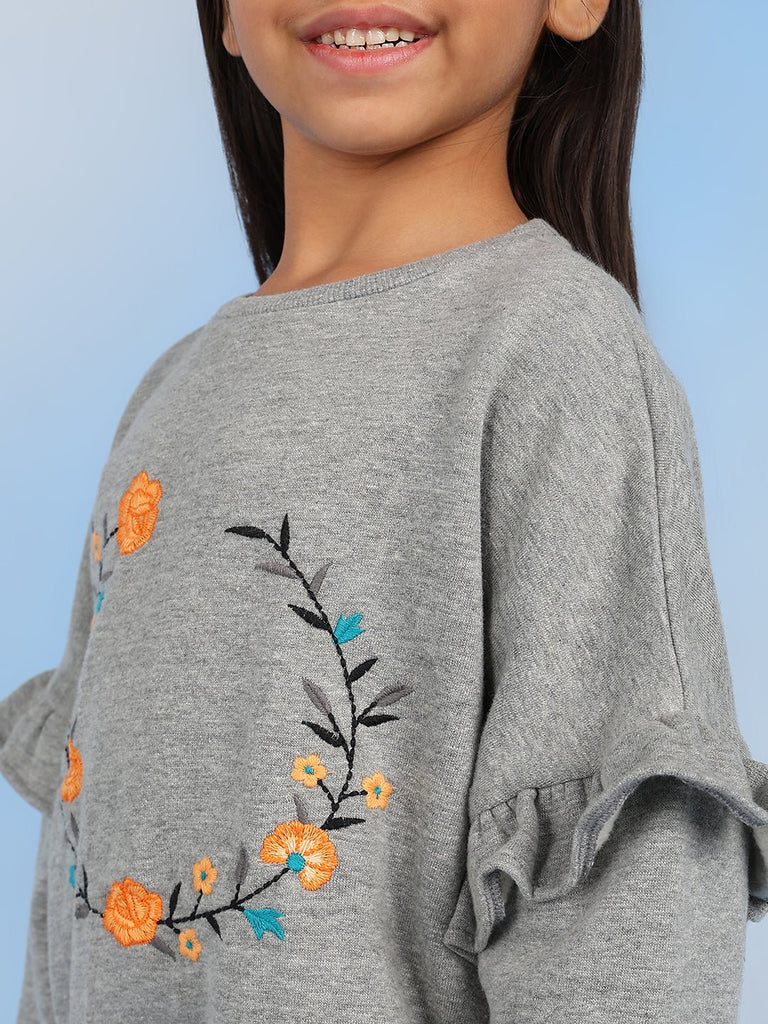 Anya Embroidered Full Sleeves Girls Sweatshirt - Grey Sweatshirt The Tribe Kids   