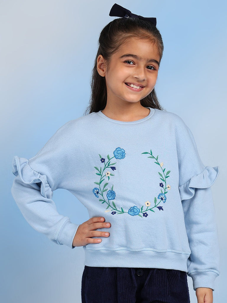 Anya Embroidered Long Sleeves Casual Girls Sweatshirt - Blue Sweatshirt The Tribe Kids   