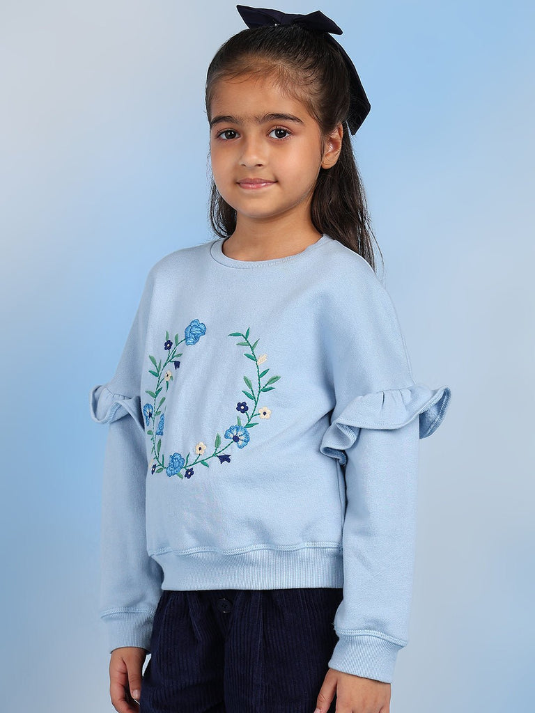 Anya Embroidered Long Sleeves Casual Girls Sweatshirt - Blue Sweatshirt The Tribe Kids   