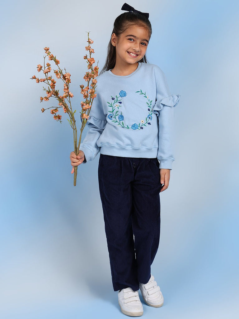 Anya Embroidered Long Sleeves Casual Girls Sweatshirt - Blue Sweatshirt The Tribe Kids   