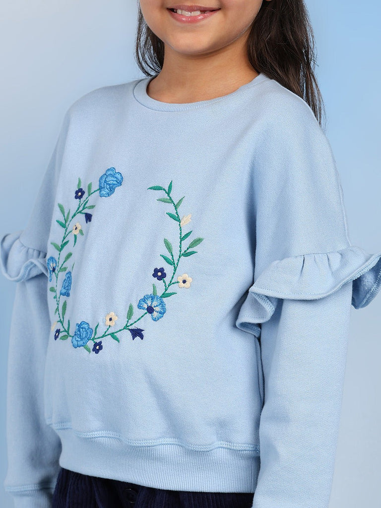 Anya Embroidered Long Sleeves Casual Girls Sweatshirt - Blue Sweatshirt The Tribe Kids   