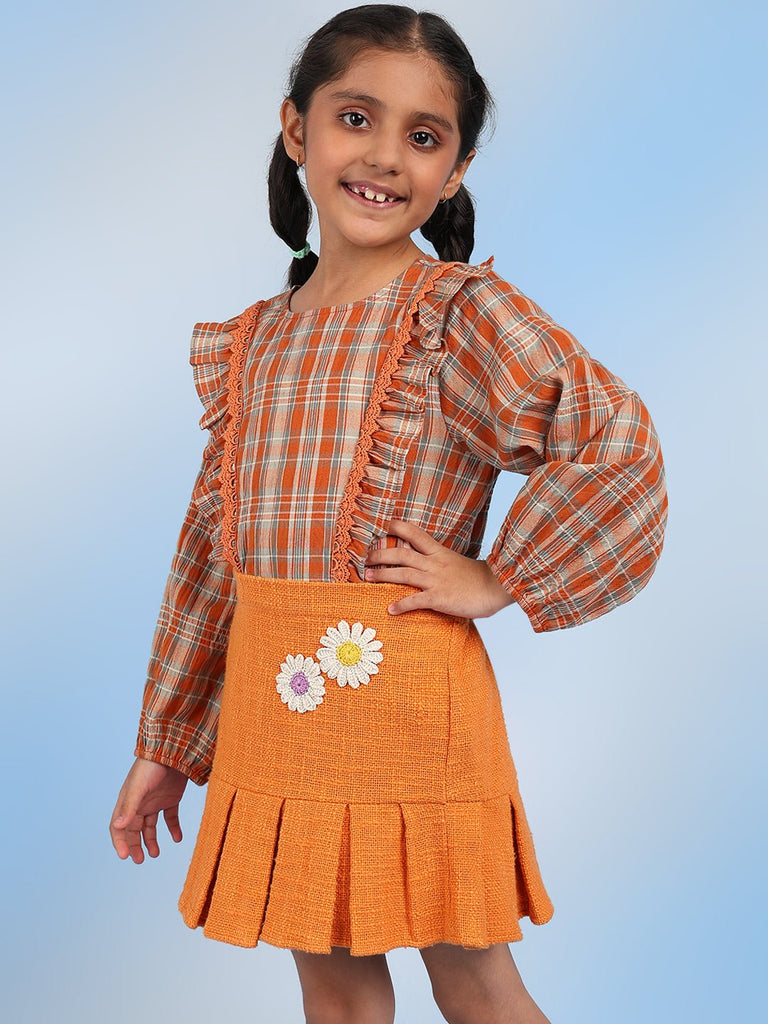 Bobby Girls Solid Pure Cotton Pleated Peplum Mini Skirt - Orange Skirt The Tribe Kids   