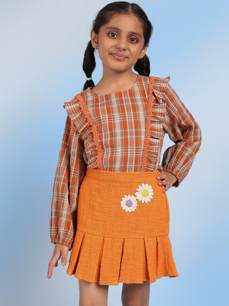 Bobby Girls Solid Pure Cotton Pleated Peplum Mini Skirt - Orange Skirt The Tribe Kids   