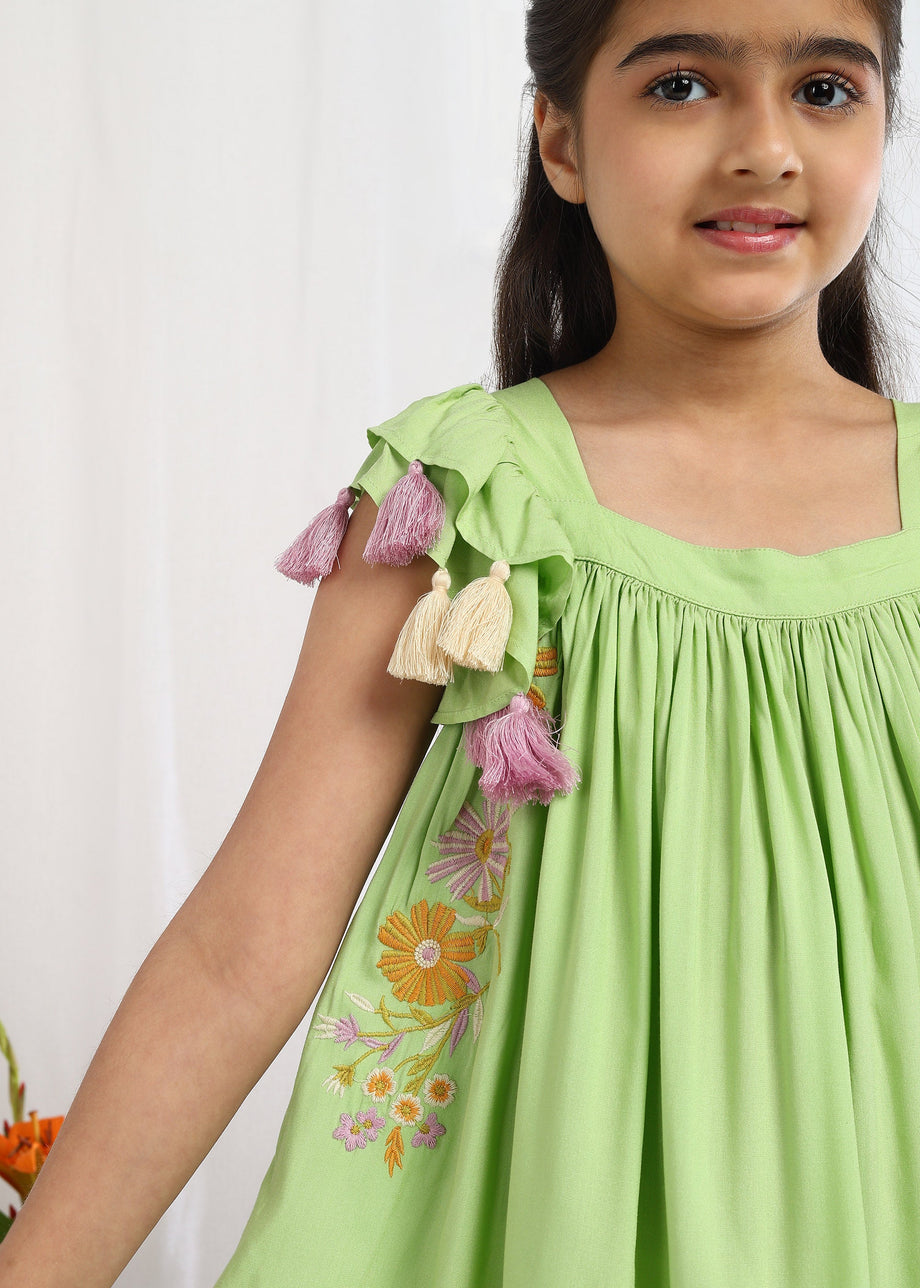 Chloe Green Embroidered Dress With Tassel Sleeves – Girls – The Tribe Kids