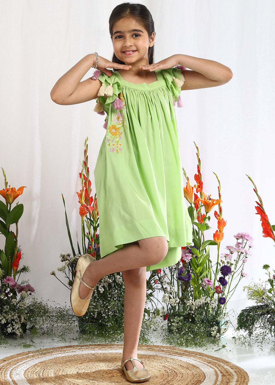 Chloe Green Embroidered Dress With Tassel Sleeves  Girls  The Tribe Kids