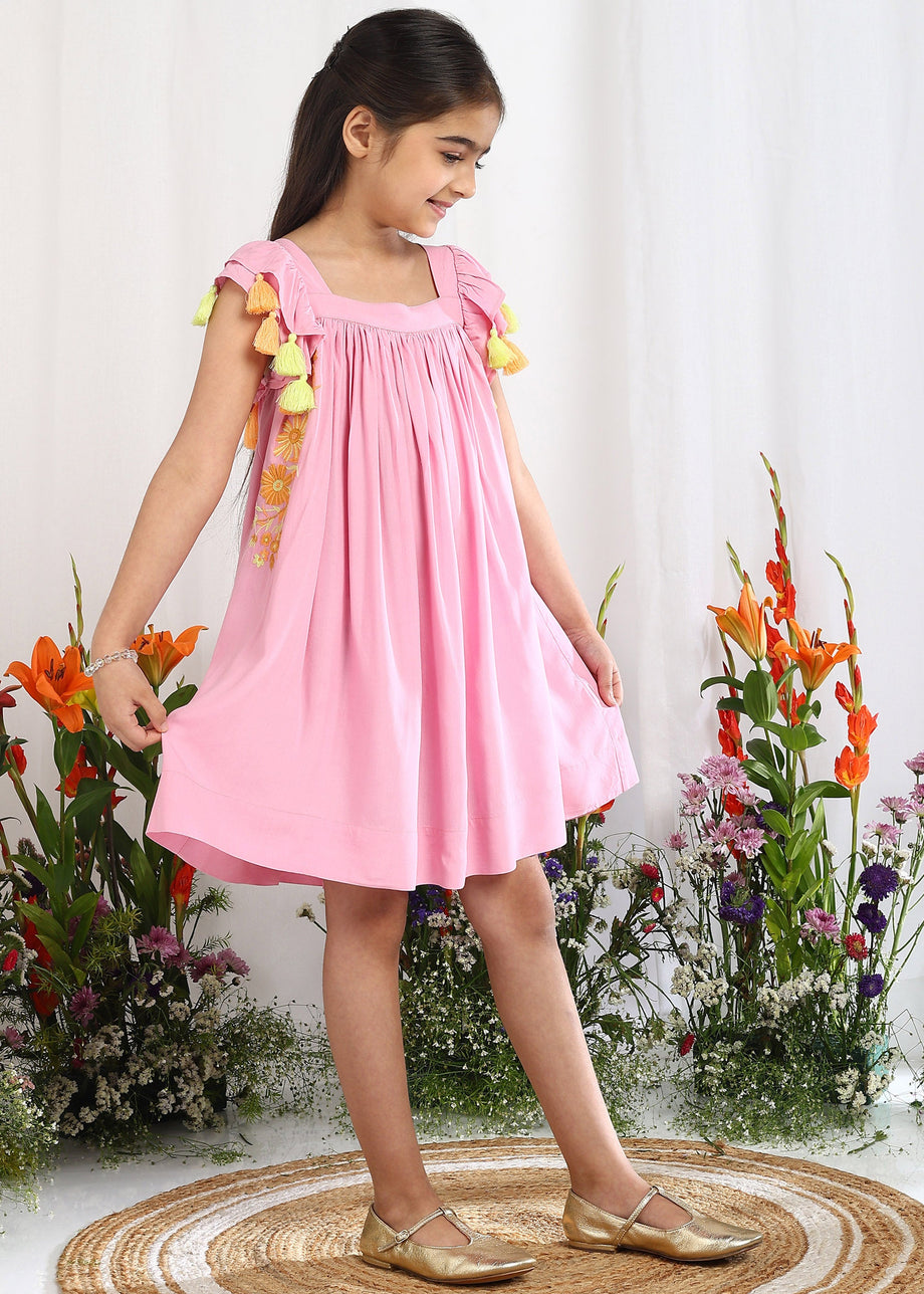 Chloe Pink Embroidered Dress With Tassel Sleeves – Girls – The Tribe Kids