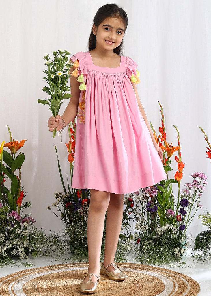 Chloe Pink Embroidered Dress With Tassel Sleeves Girls The Tribe Kids Chloe Pink Embroidered Dress With Tassel Sleeves Girls The Tribe Kids