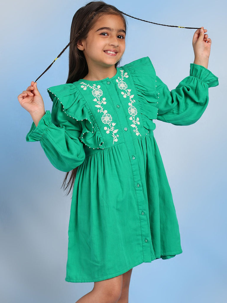 Cifra Girls Cotton A-Line Embroidered Dress - Green Dress The Tribe Kids   