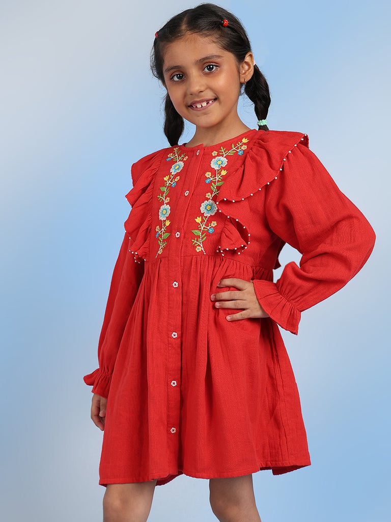 Cifra Girls Cotton A-Line Embroidered Dress - Red Dress The Tribe Kids   