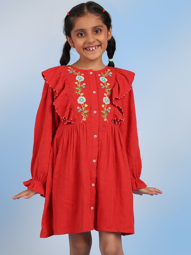 Cifra Girls Cotton A-Line Embroidered Dress - Red Dress The Tribe Kids   