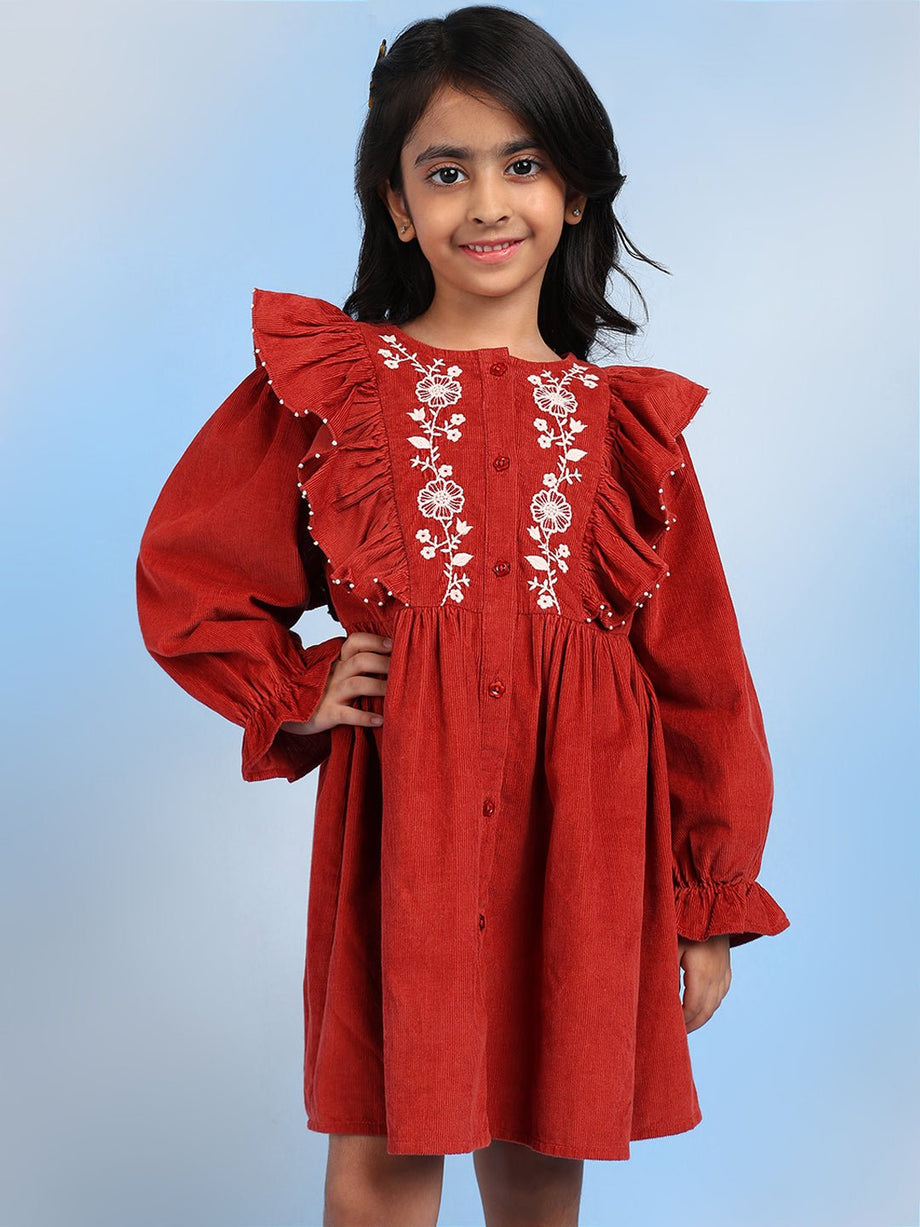 Cifra Girls Cotton Round Neck ALine Embroidered Dress  Rust  The Tribe  Kids