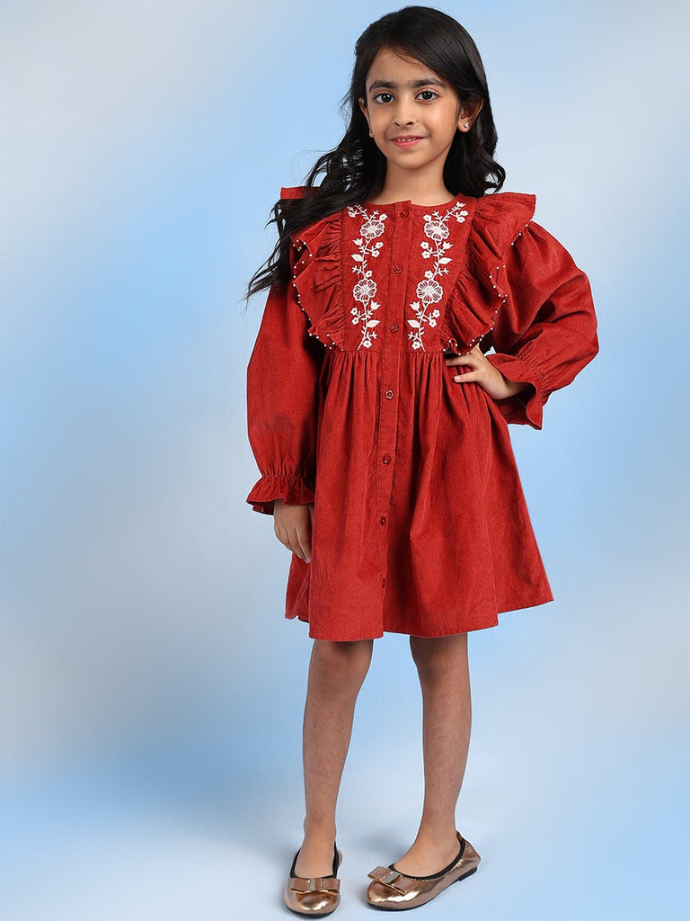 Cifra Girls Cotton A-Line Embroidered Dress - Rust Dress The Tribe Kids   