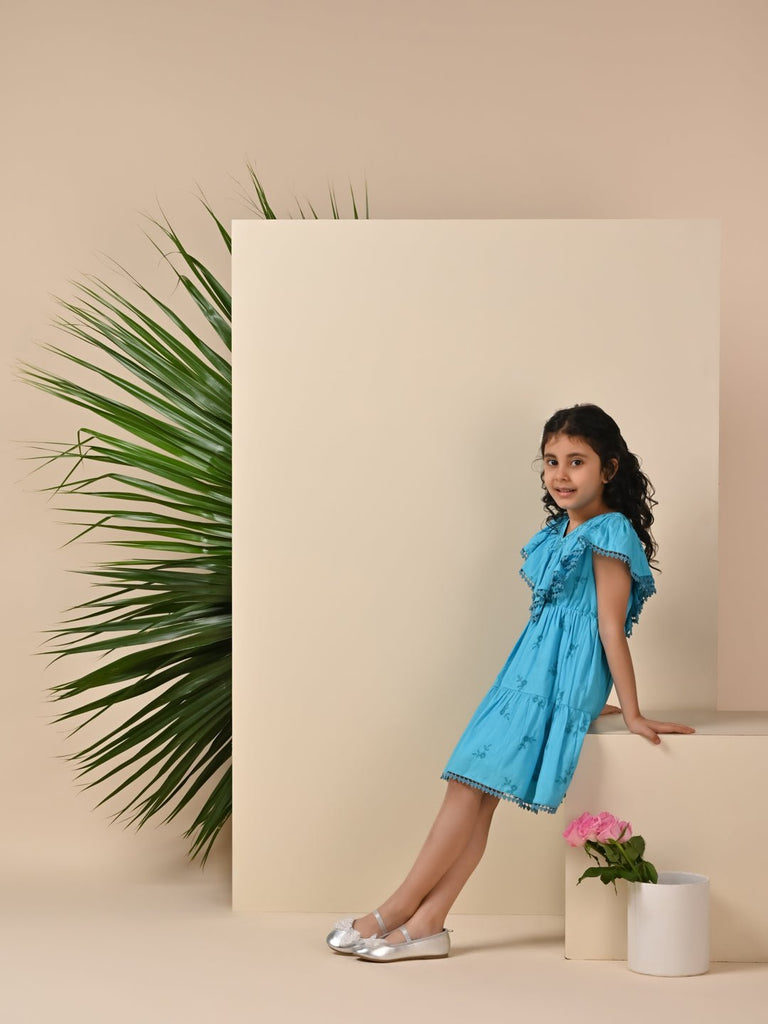 Cindy Sleeveless Embroided Cambric Girls Dress - Blue Dress The Tribe Kids   