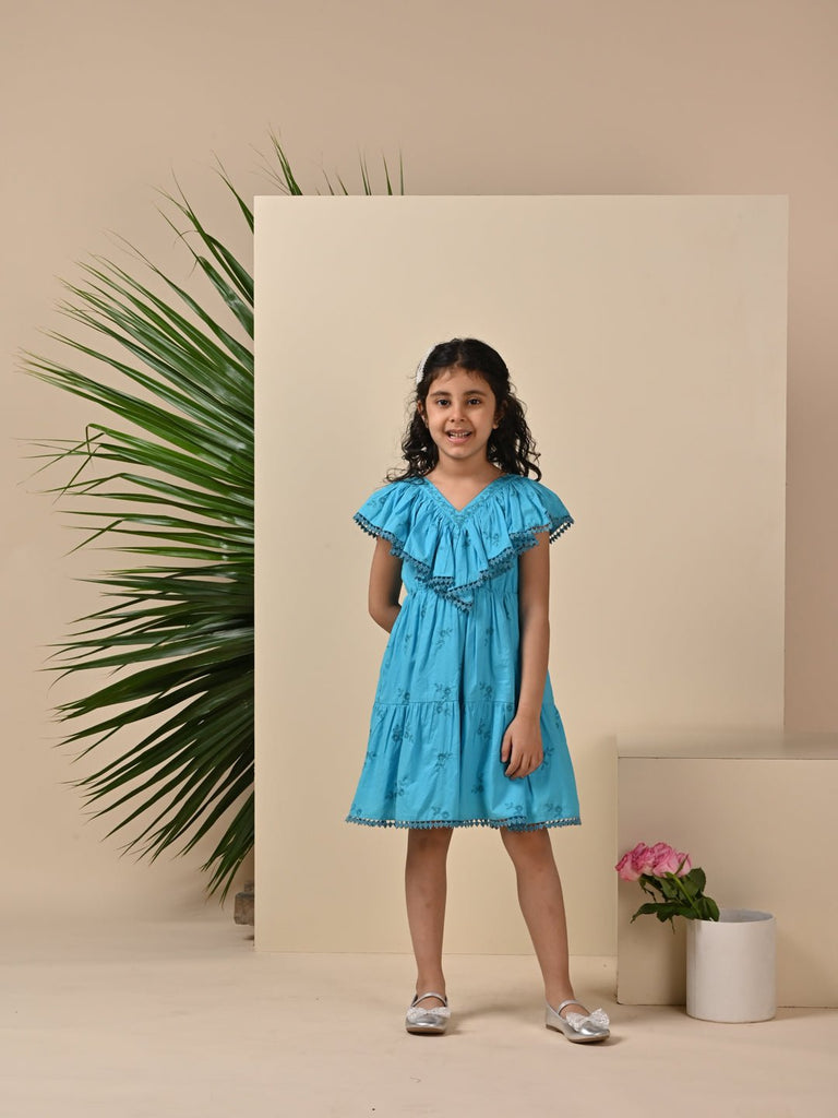 Cindy Sleeveless Embroided Cambric Girls Dress - Blue Dress The Tribe Kids   