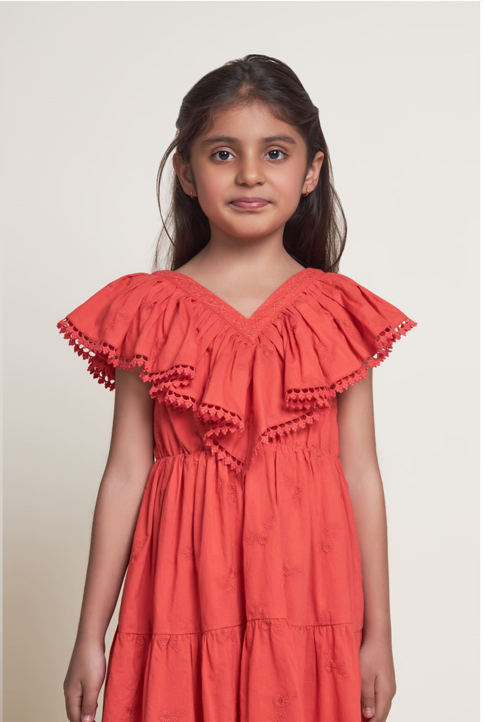 Cindy Sleeveless Embroided Cotton Girls Dress - Orange Dress The Tribe Kids   