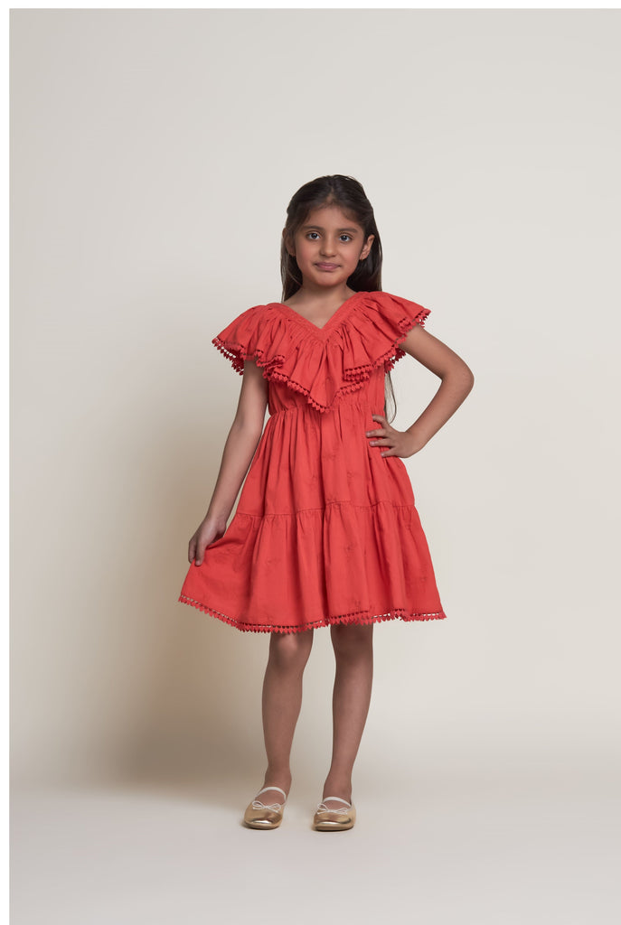 Cindy Sleeveless Embroided Cotton Girls Dress - Orange Dress The Tribe Kids   