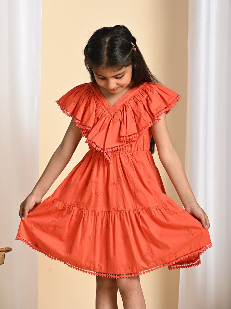 Cindy Sleeveless Embroided Cotton Girls Dress - Orange Dress The Tribe Kids   