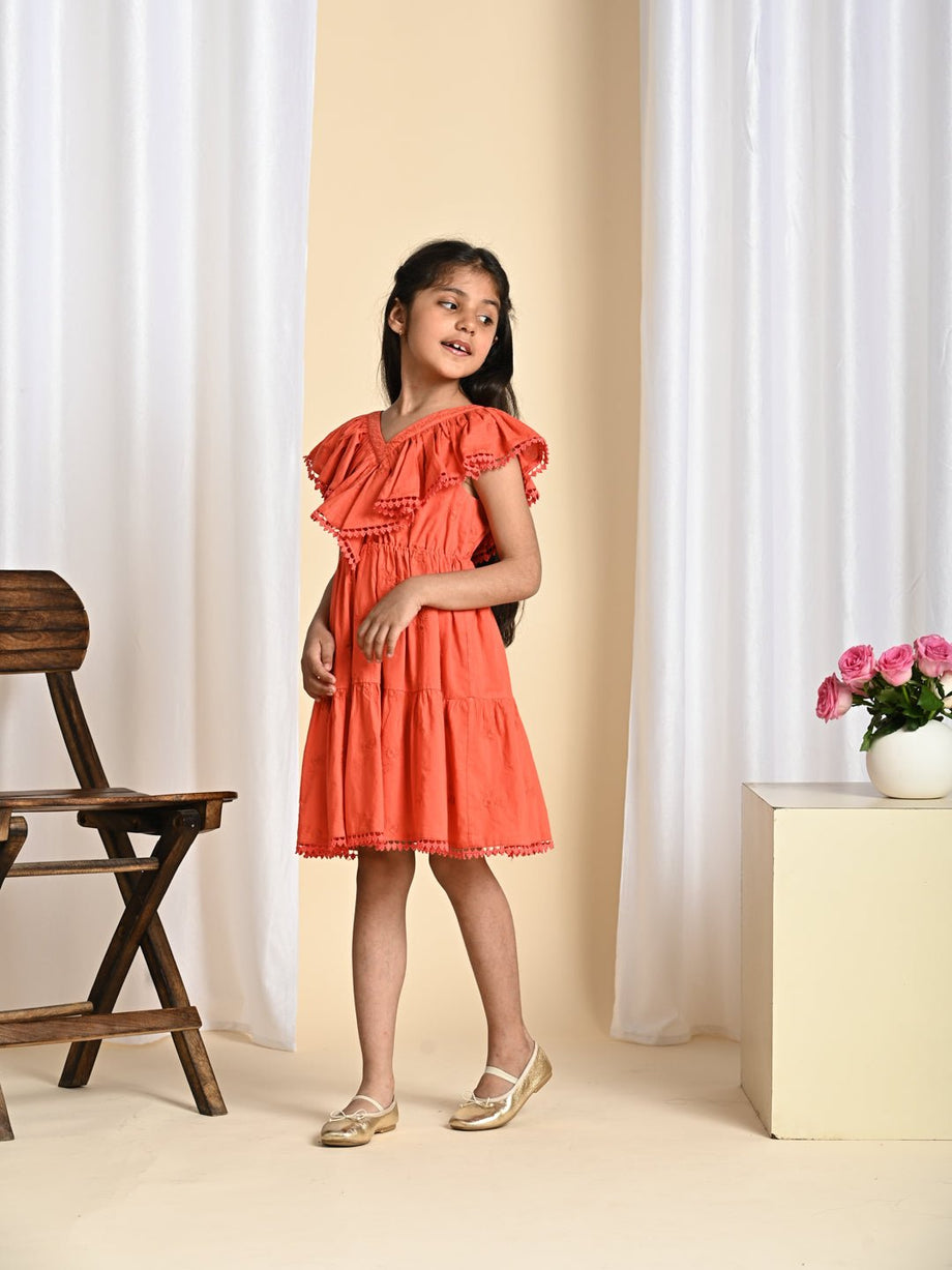 Cindy Sleeveless Flower Print Cambric Girls Dress Orange The Tribe Kids Cindy Sleeveless Flower Print Cambric Girls Dress Orange The Tribe Kids