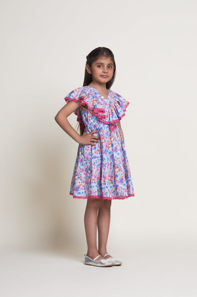 Cindy Sleeveless Flower Print Cambric Girls Dress - Blue Flower Dress The Tribe Kids   