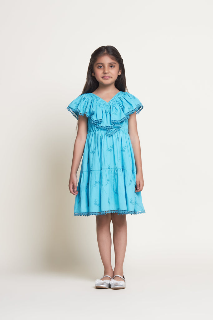 Cindy Sleeveless Flower Print Cambric Girls Dress - Blue Flower Dress The Tribe Kids   