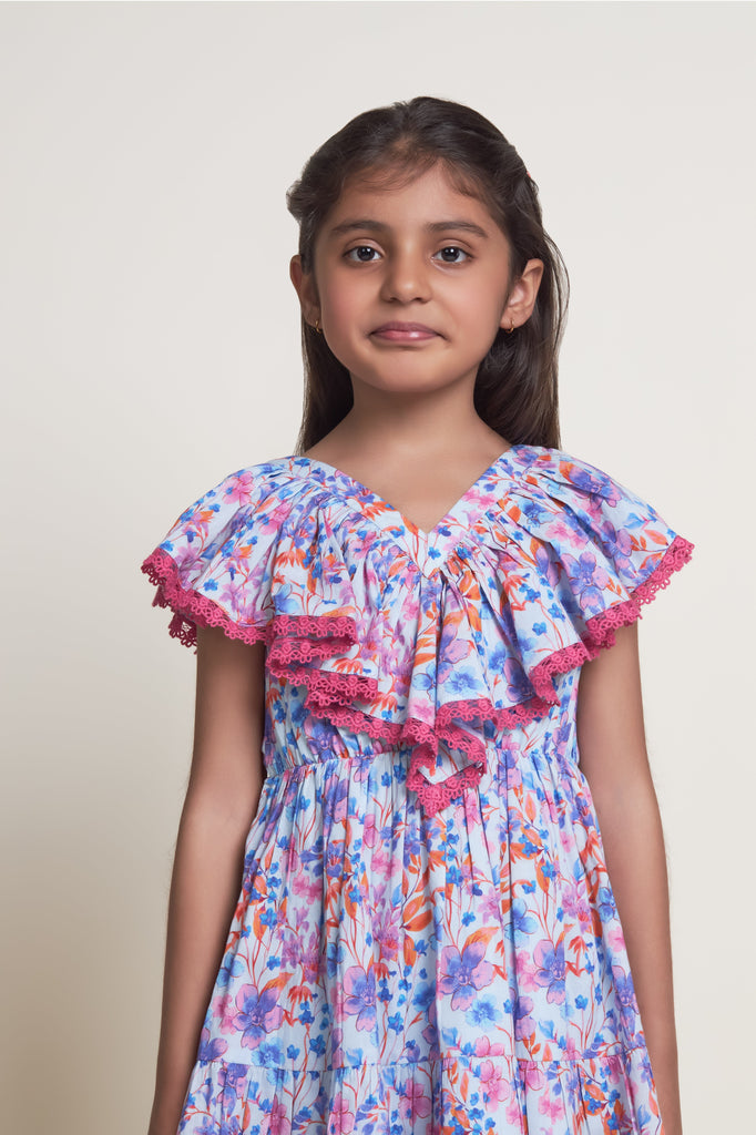 Cindy Sleeveless Flower Print Cambric Girls Dress - Blue Flower Dress The Tribe Kids   