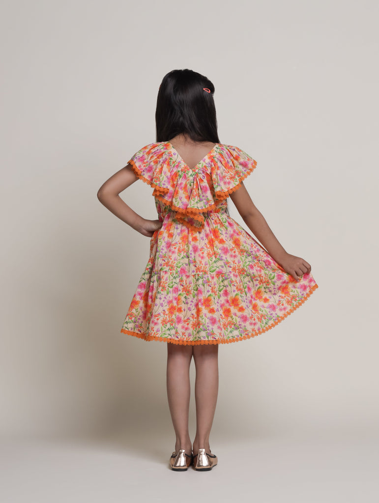 Cindy Sleeveless Flower Print Cambric Girls Dress - Orange Flower Dress The Tribe Kids   