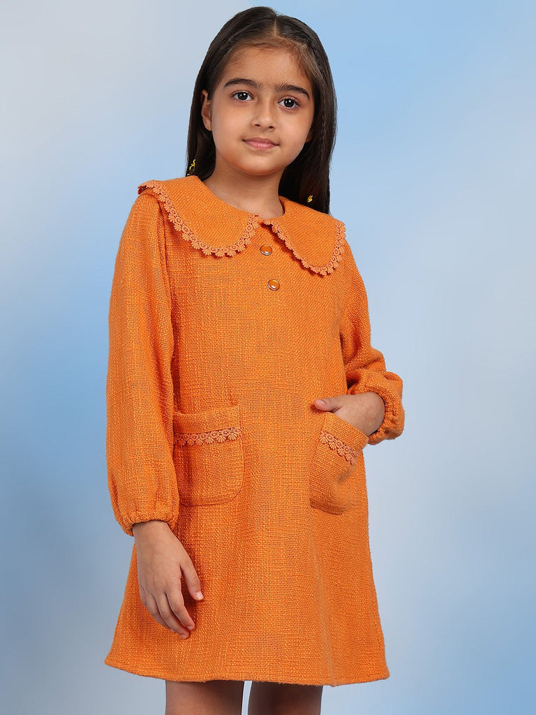 Orange Cotton Girls Dress | Peter Pan Collar Coral The Tribe Kids Orange Cotton Girls Dress | Peter Pan Collar Coral The Tribe Kids