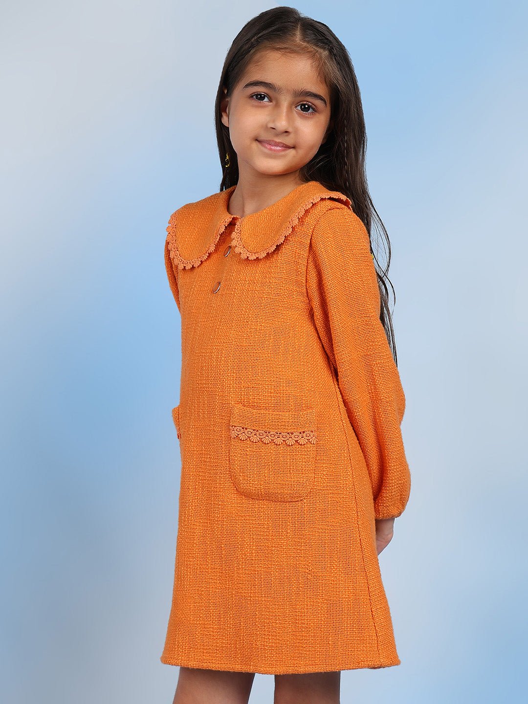 Orange Cotton Girls Dress | Peter Pan Collar Coral The Tribe Kids Orange Cotton Girls Dress | Peter Pan Collar Coral The Tribe Kids