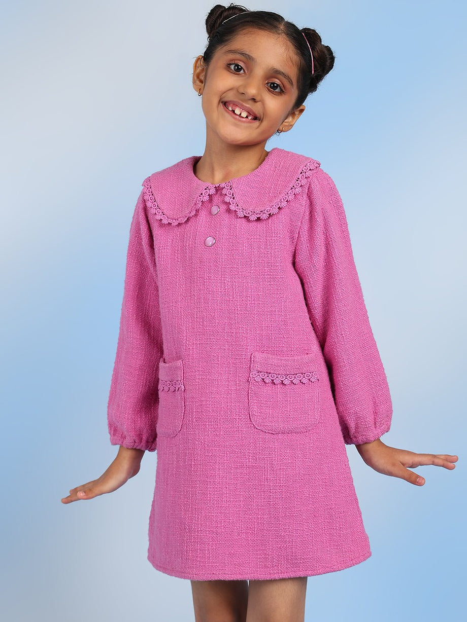 Coral Round Neck Cotton Peter Pan Collar A- Line Girls Dress Pink