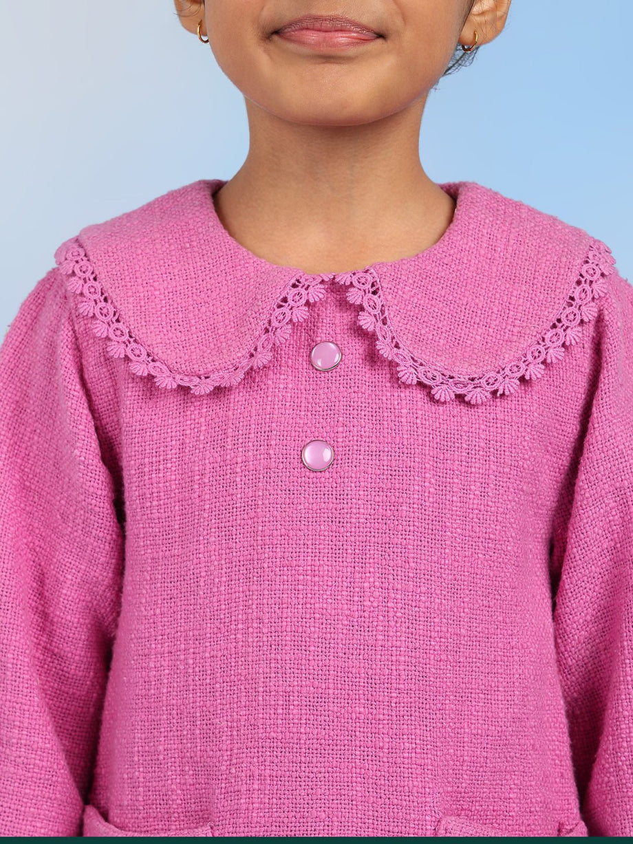 open lace back dress Rosette Collar Dress Carnation Pink- 3/4 Sleeves – Mini Moda main image 1