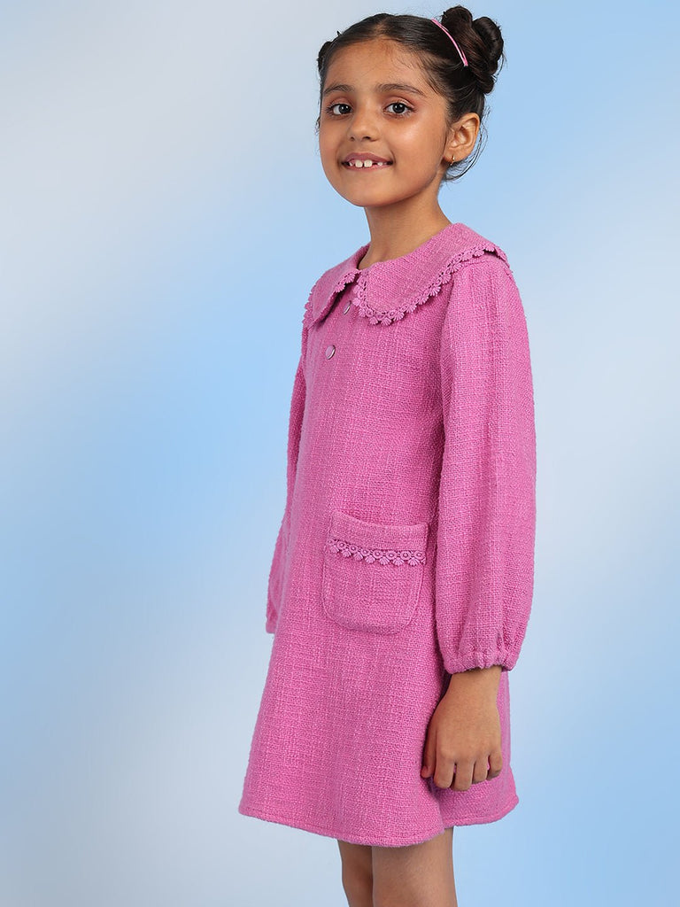 Coral Round Neck Cotton Peter Pan Collar A- Line Girls Dress - Pink Jackets The Tribe Kids   