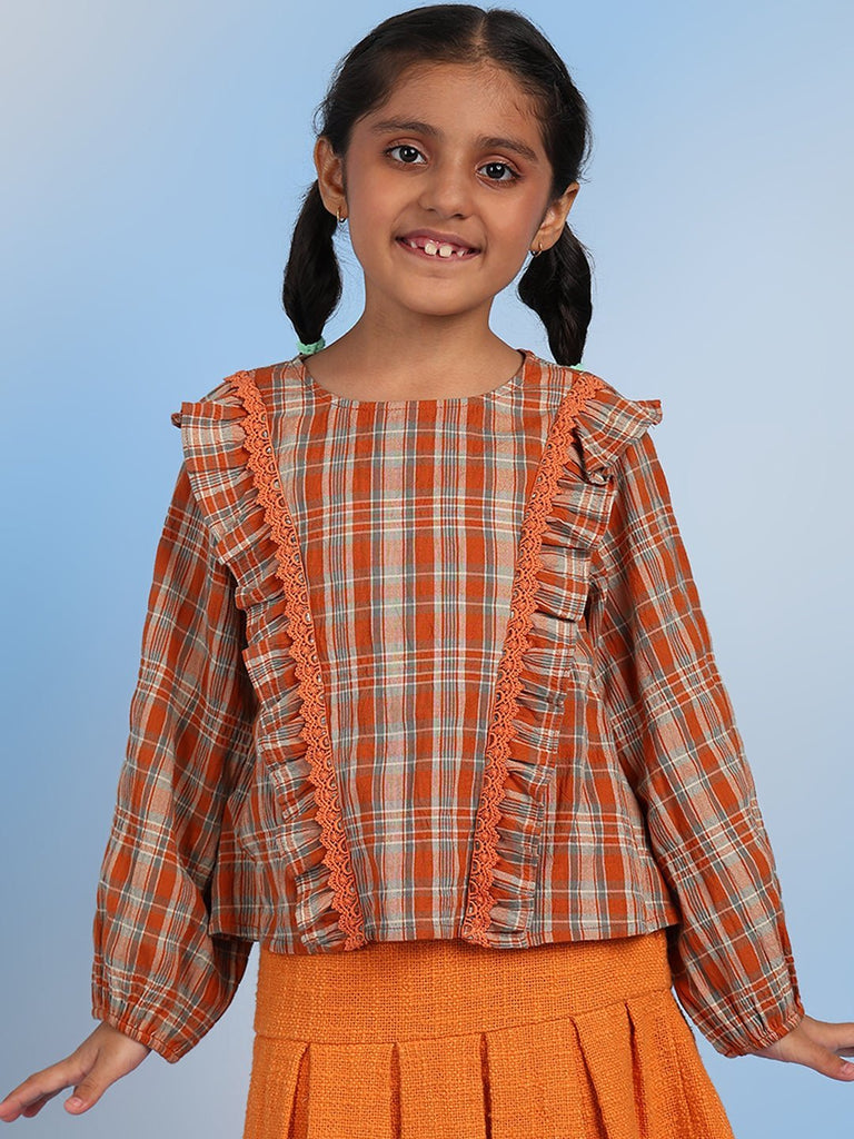 Cotton Checks Regular Fit Girls Top With Pleated Mini Skirt Top The Tribe Kids