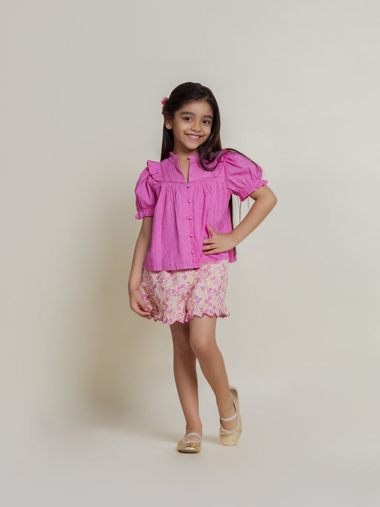 Crystal Puff Sleeves Cotton Girls Top - Pink Top The Tribe Kids   