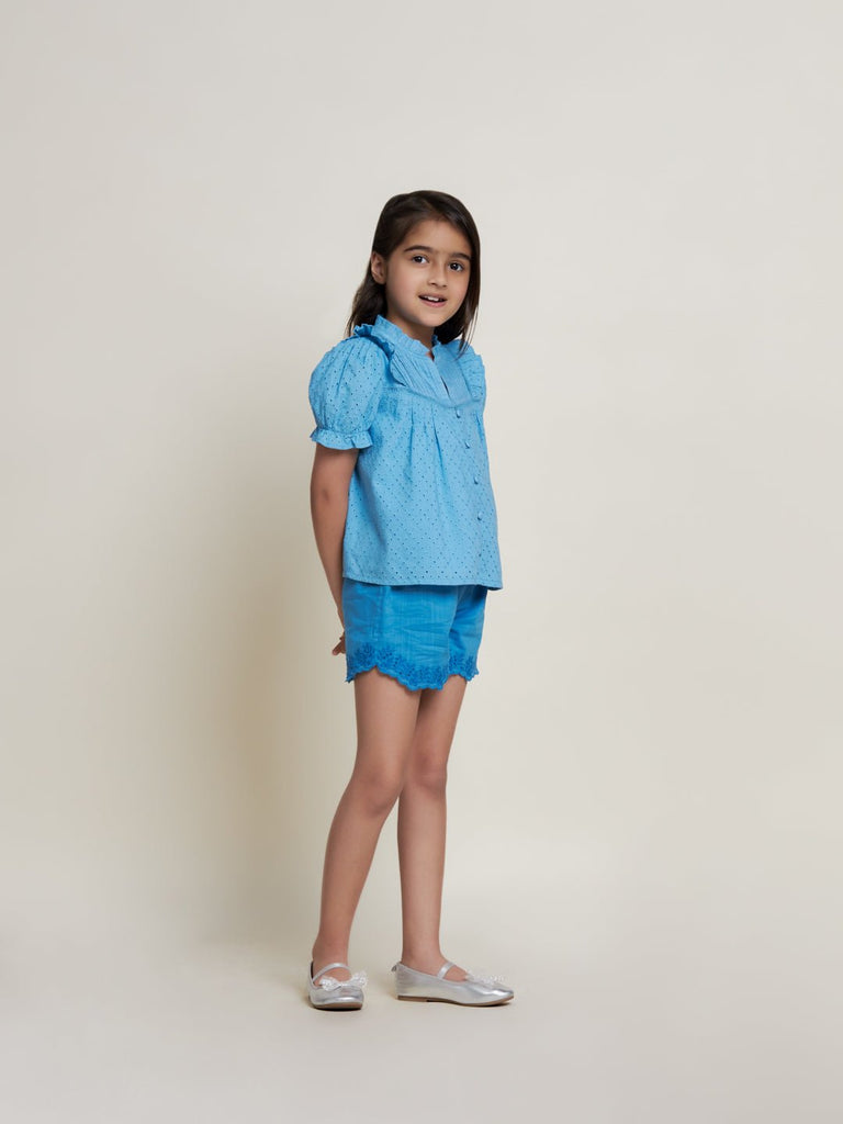 Crystal Schiffli Flared Fit Cotton Girls Top - Blue Top The Tribe Kids   