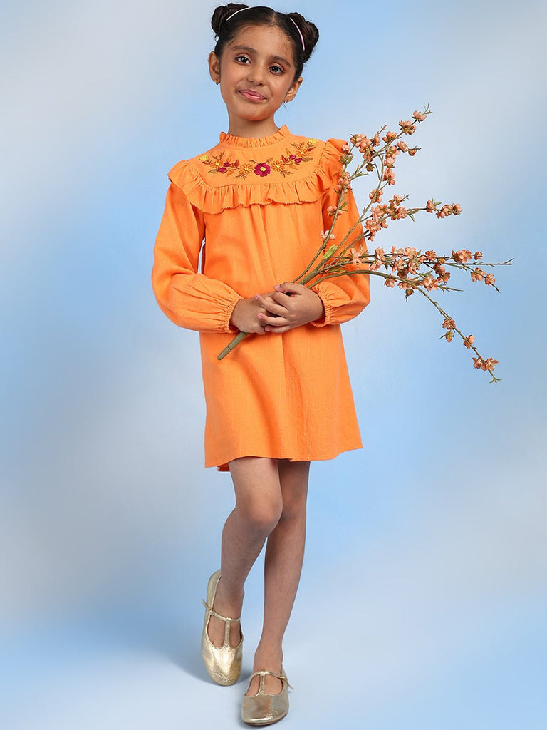 Daisy Girls Cotton Embroidered Full Sleeves A-Line Dress - Orange Dress The Tribe Kids   