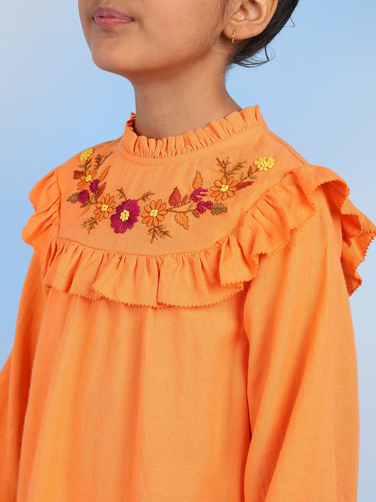 Daisy Girls Cotton Embroidered Full Sleeves A-Line Dress - Orange Dress The Tribe Kids   