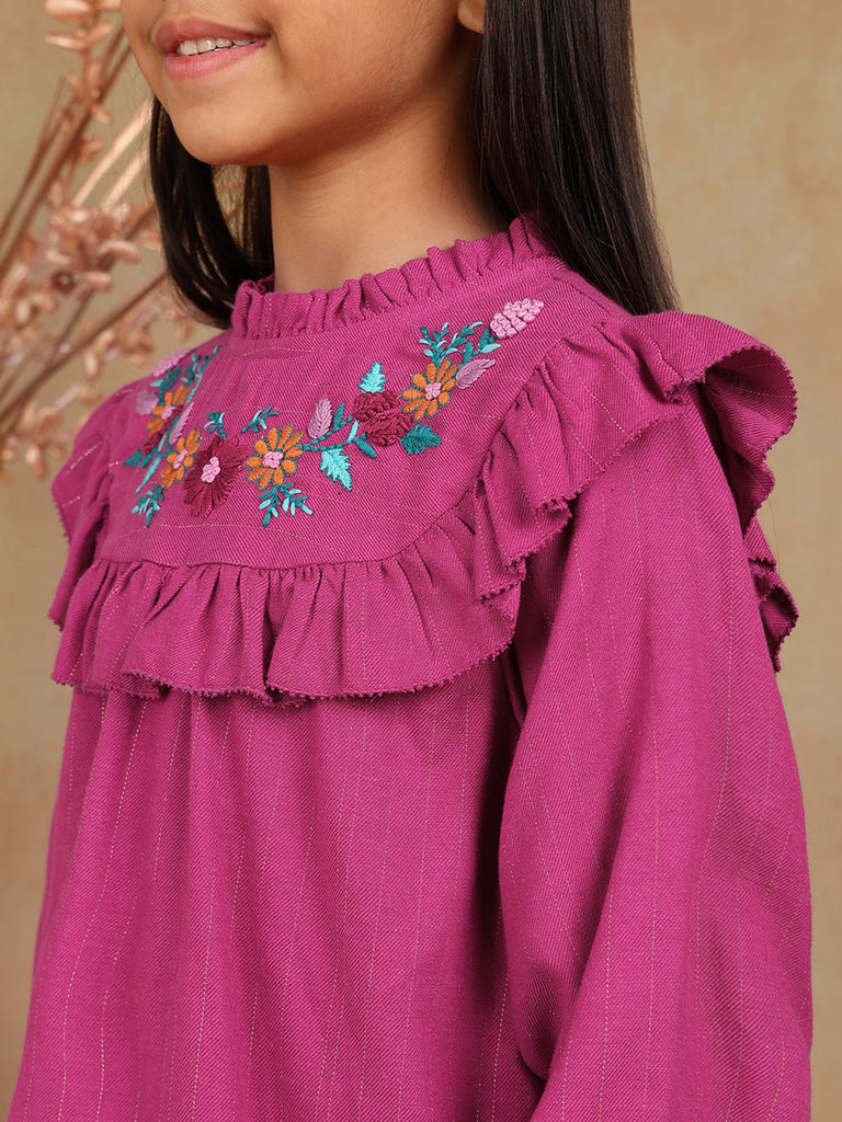 Daisy Girls Cotton Embroidered Full Sleeves Casual Dress - Pink Dress The Tribe Kids   