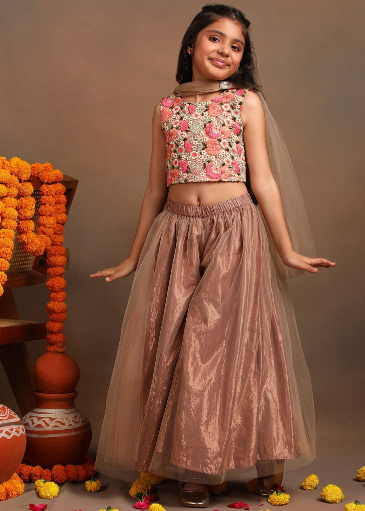 Deetya Girls Pink Embroidered Sharara Set with Dupatta Set The Tribe Kids