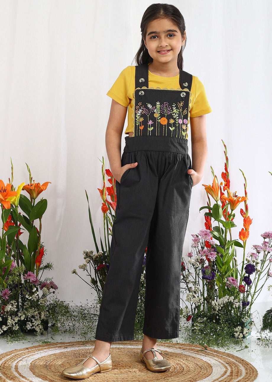 Buy Delta Black Floral Embroidered Cotton Rompers/Jumpsuit for