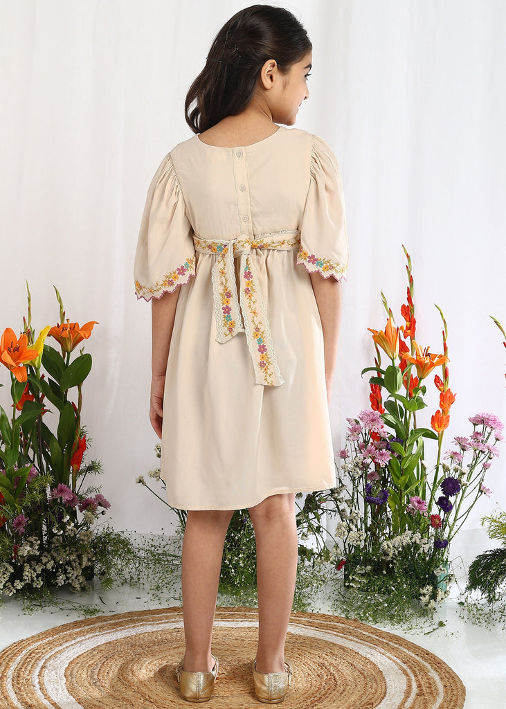 Dinzi Ecru Embroidered Fit & Flare Cotton Girls Dress Dress The Tribe Kids