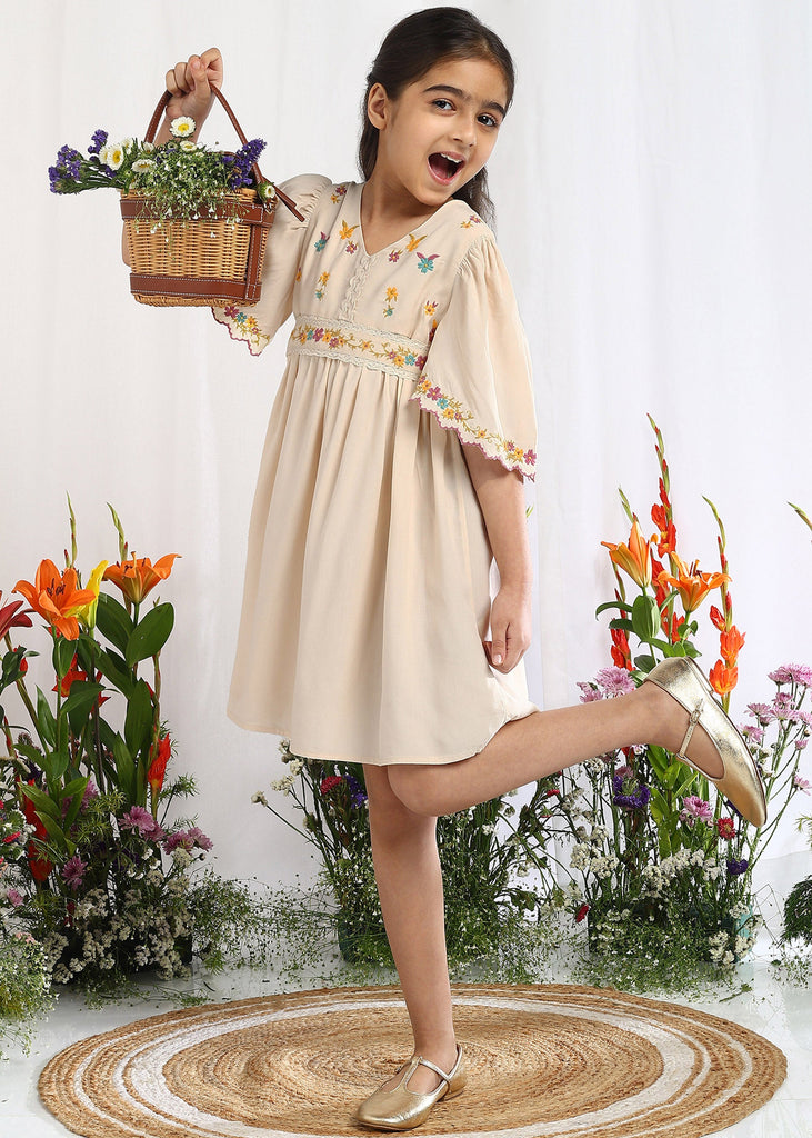 Dinzi Ecru Embroidered Fit & Flare Cotton Girls Dress Dress The Tribe Kids