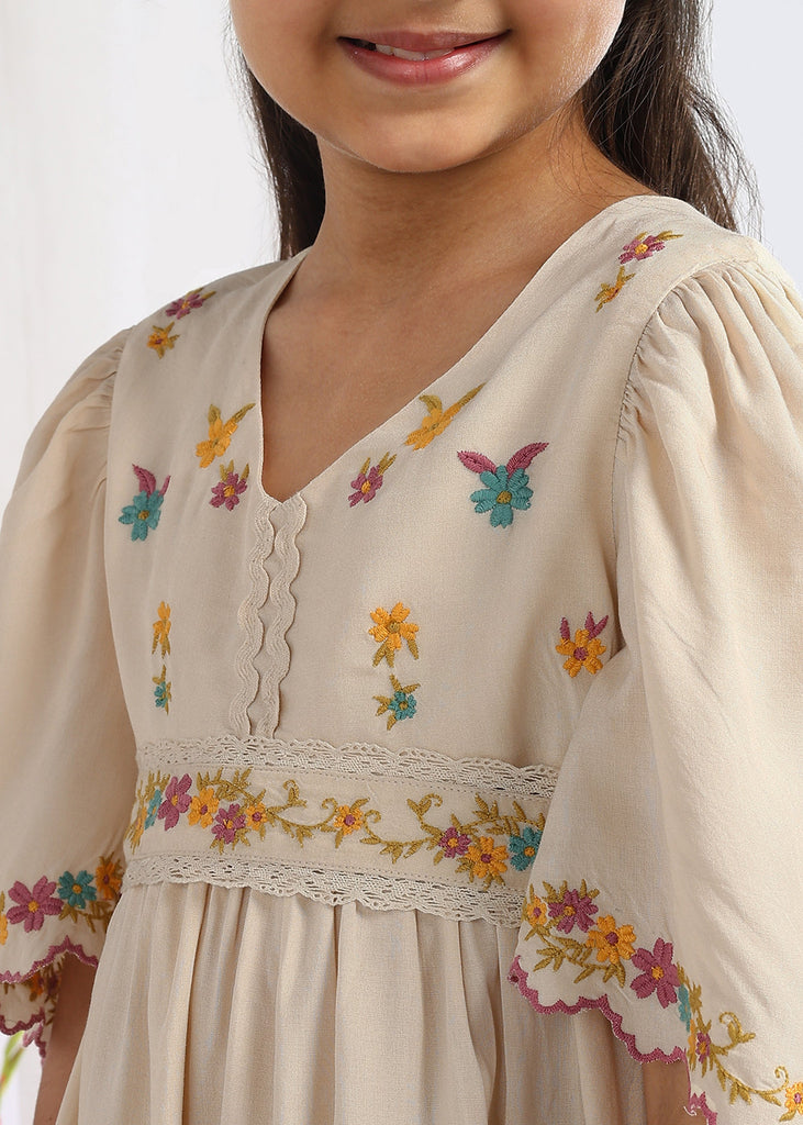 Dinzi Ecru Embroidered Fit & Flare Cotton Girls Dress Dress The Tribe Kids
