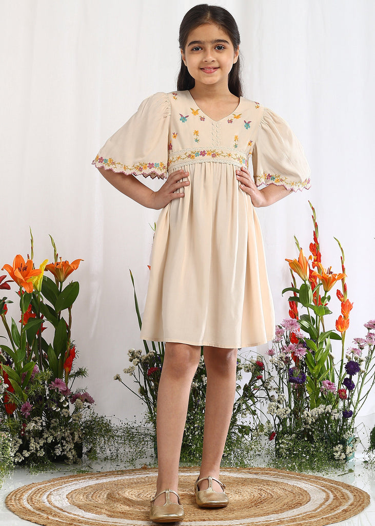 Dinzi Ecru Embroidered Fit & Flare Cotton Girls Dress Dress The Tribe Kids